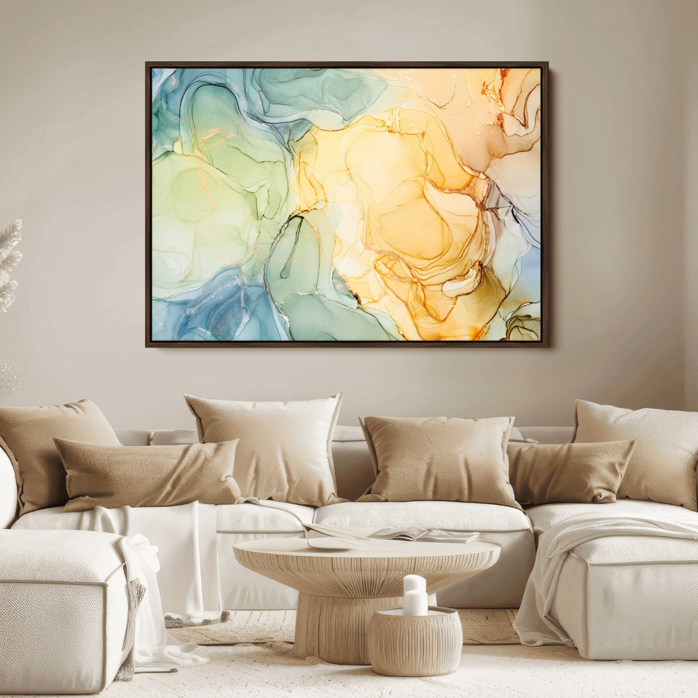 42195-MGV-CV-36X24-Green and Yellow Marble Fluid Effect Wall Art, Green and Yellow Marble Canvas Wall Art Print