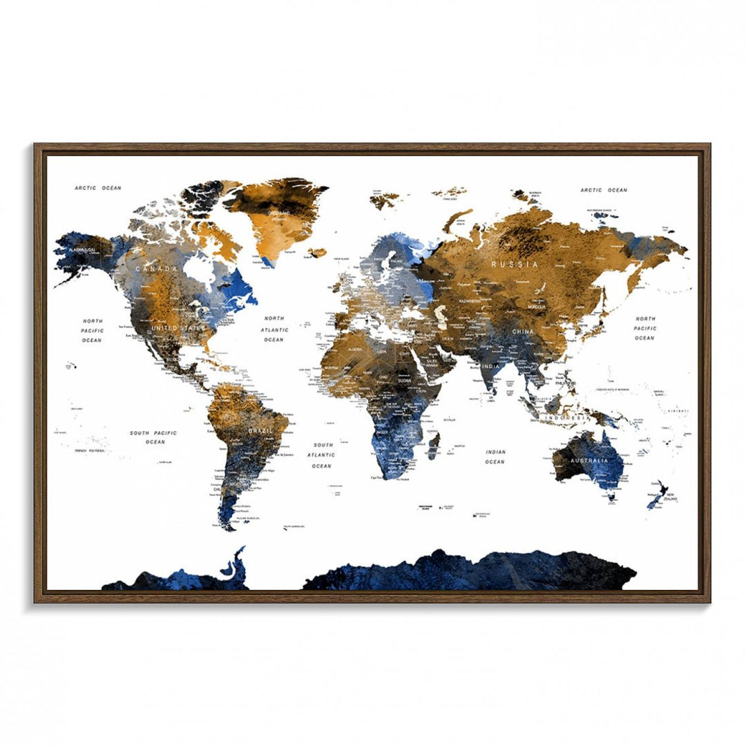 Modern Blue and Brown World Map Canvas Wall Art – Triptych Map Print – Global Decor for Living Room or Office – Ready to Hang