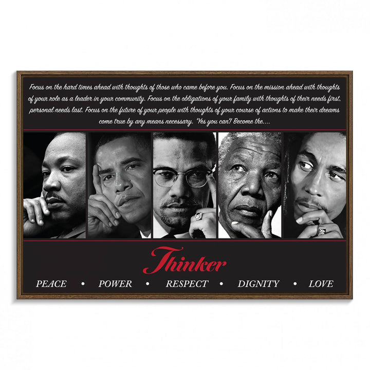 The Thinker Quintet Canvas Wall Art features portraits of Martin, Obama, Malcolm X, Mandela, and Marley, each representing virtues such as Peace and Power.