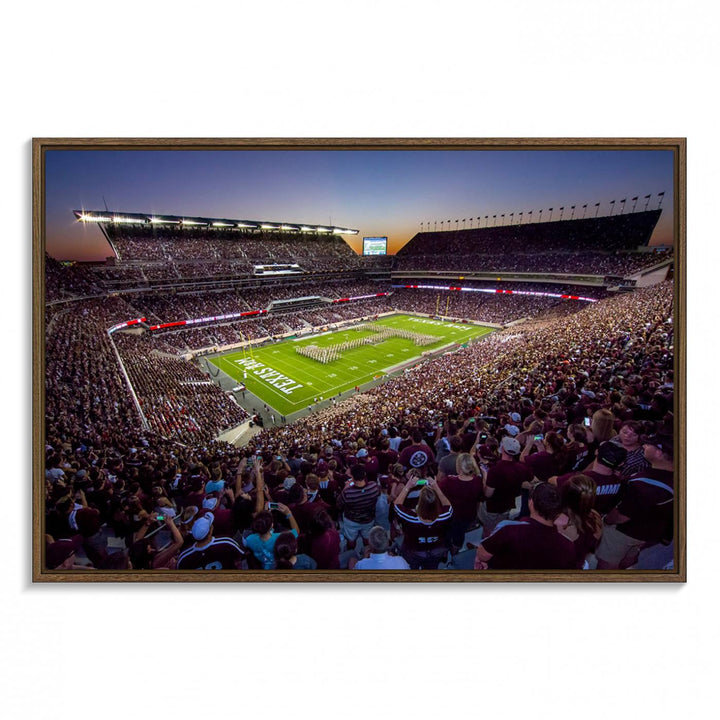 A vibrant canvas print of Texas A&M Aggies at College Stations Kyle Field Stadium captures the energy of fans cheering as the band marches at sunset.