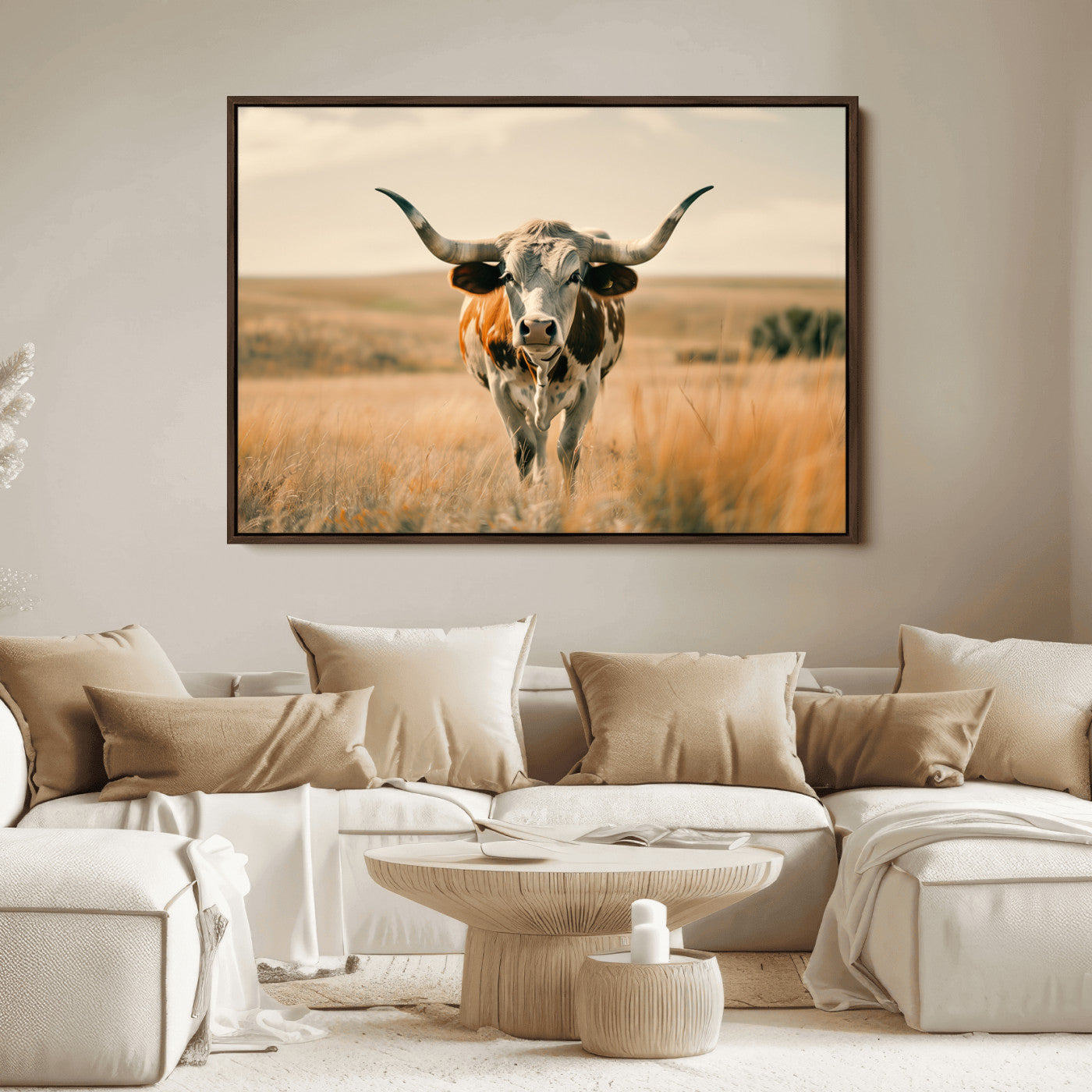 16580-MGV-FC-36X24_Walnut-Texas Cow Longhorn Wall Art Canvas Print for Farm House Wall Decor, Farmhouse Cow Print Canvas Wall Art Print