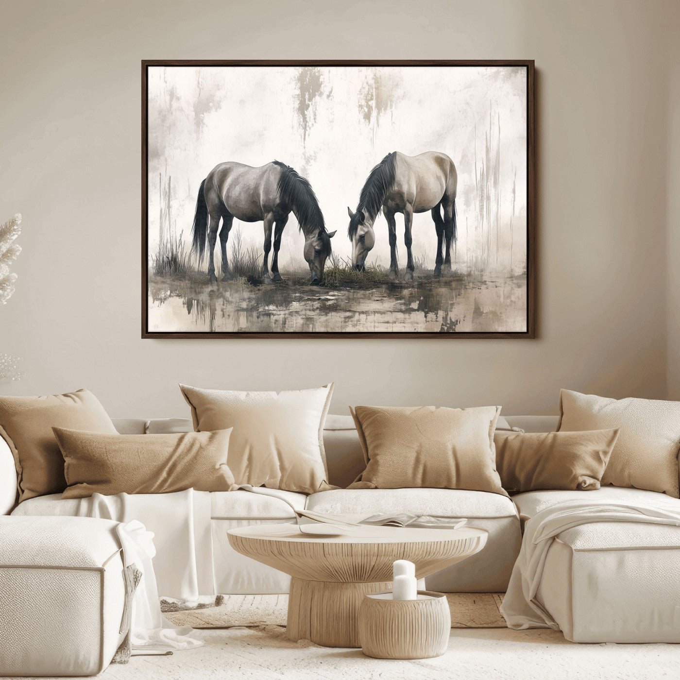 35494-MGV-FC-36X24_Walnut-Chines Ink Style Vintage Horses Wall Art Canvas Print for Farmhouse Wall Decor