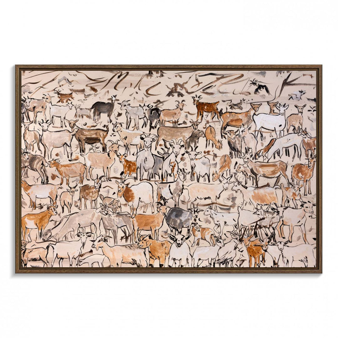 Framed Goat Herd Wall Art in minimal brush strokes on a beige backdrop, ideal for farmhouse or cabin decor.