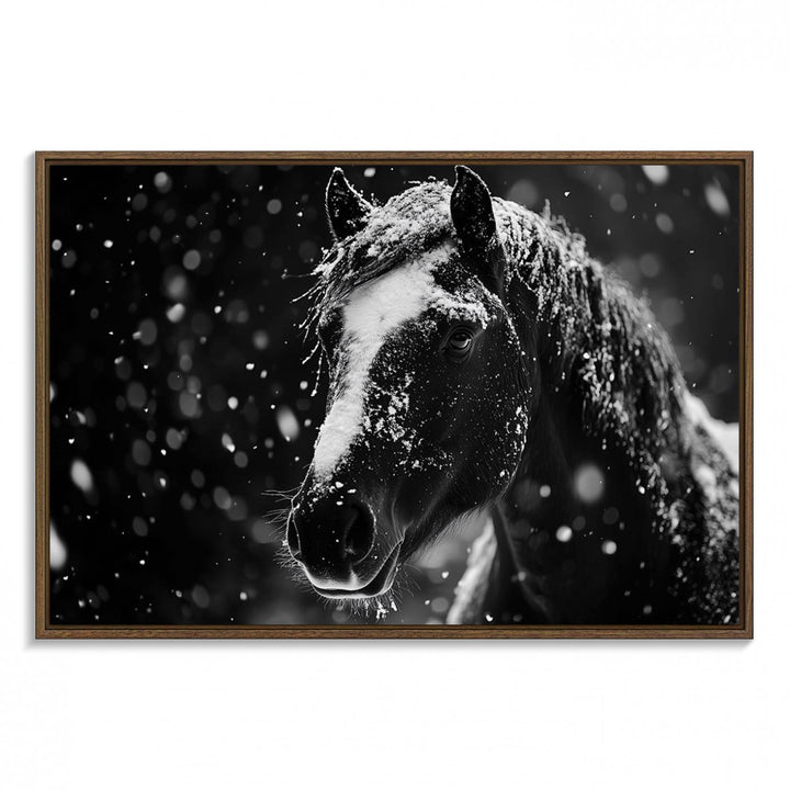 The Winter Horse Wall Art showcases a gentle horse print with snowflakes, ideal for rustic farmhouse or cabin decor.