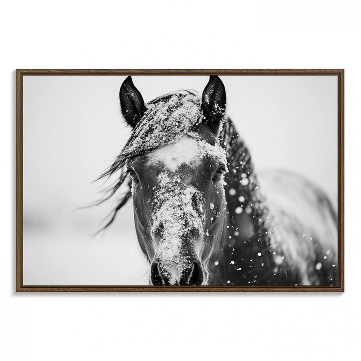 This black and white winter horse wall art enhances any decor; it is ready to hang and framed for a farmhouse or Western style.