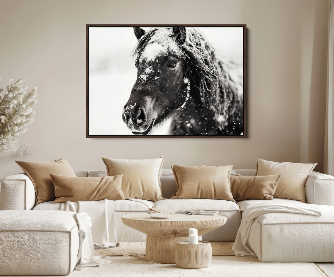 The wall art is a Black and White Horse piece, framed and ready to hang.