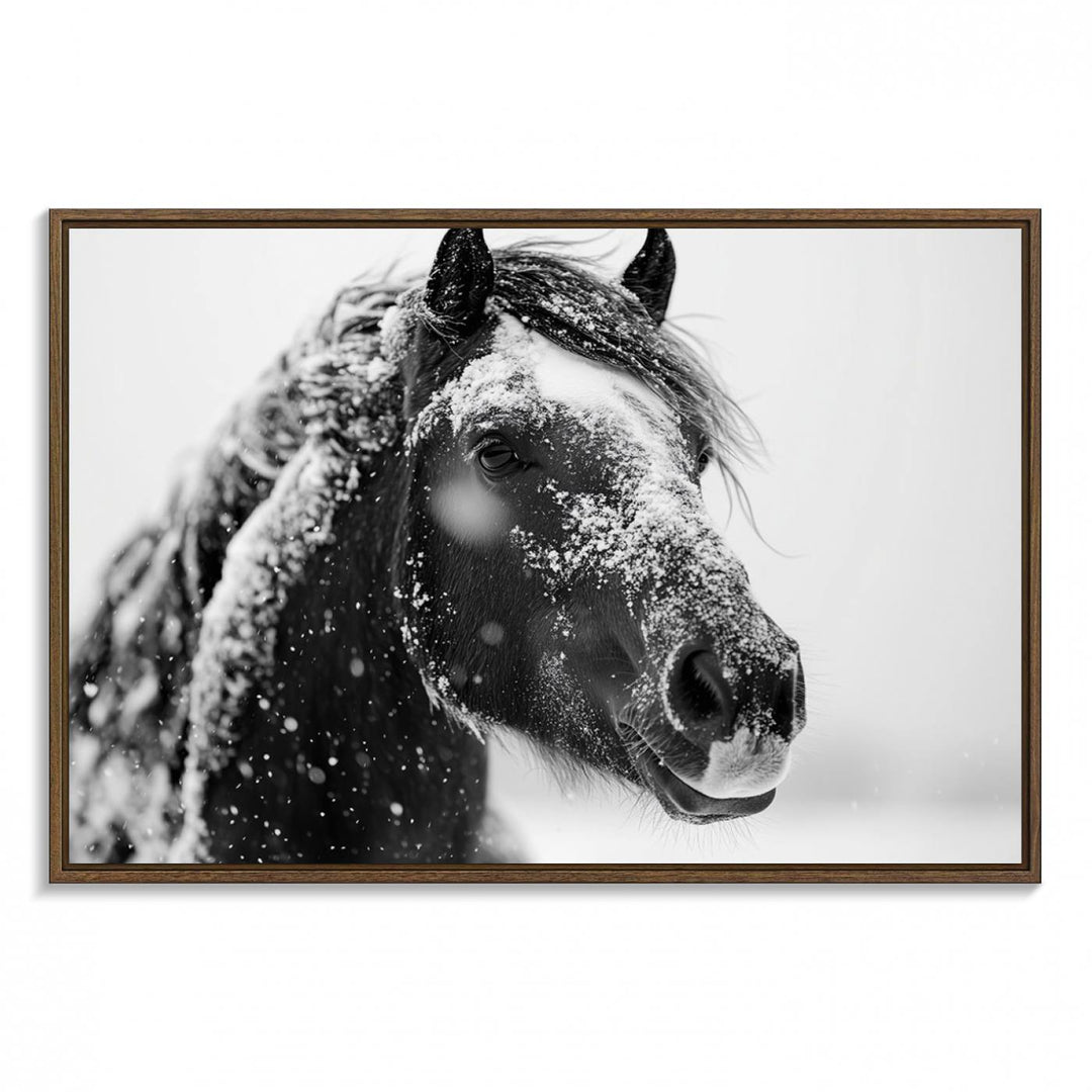 A large 3-panel rustic farmhouse wall art showcases a black and white winter horse canvas print against a snowy backdrop.