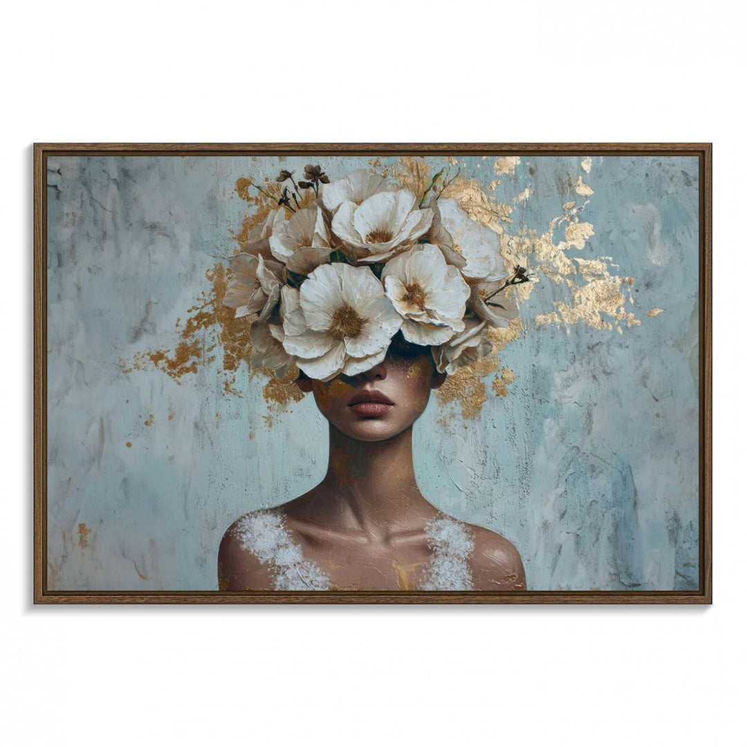 Golden Petal Wall Art: A womans face adorned with a gold floral design on a teal background, presented in a 3-panel modern glam canvas.