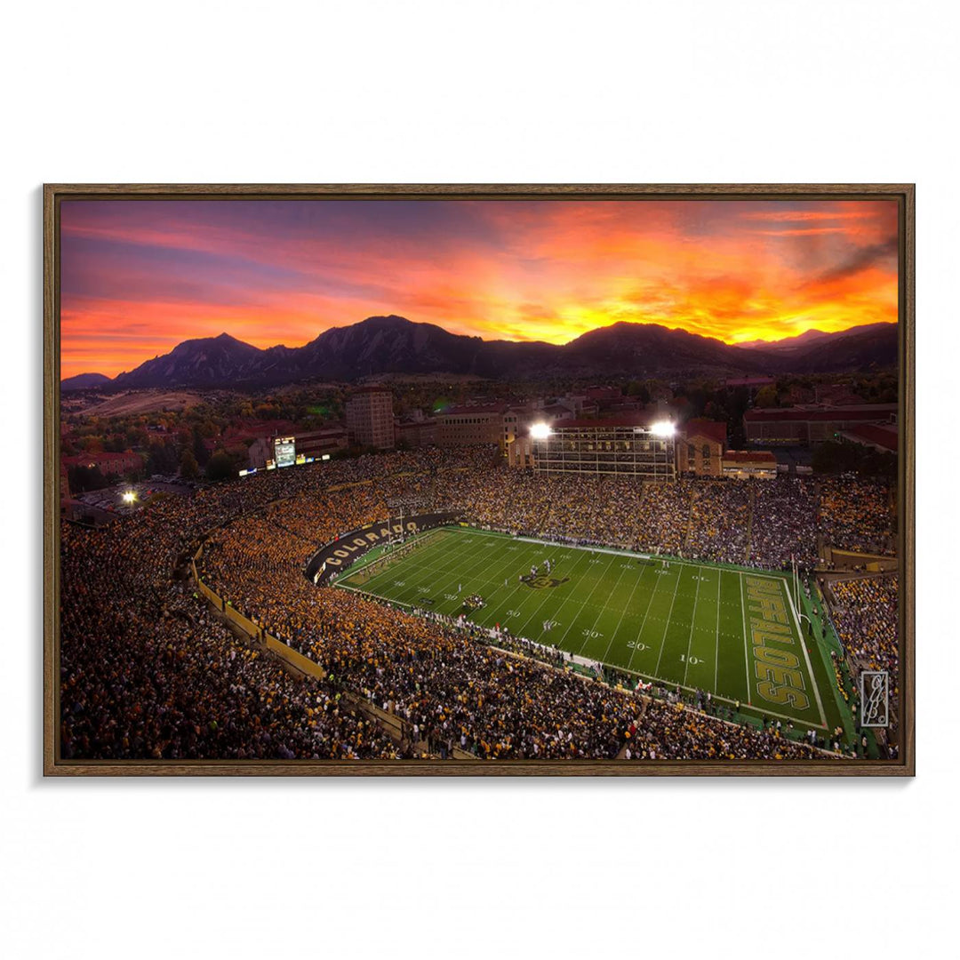 A vibrant mountain sunset at Folsom Field, home of the University of Colorado Football team, is captured in this stunning wall art canvas print.