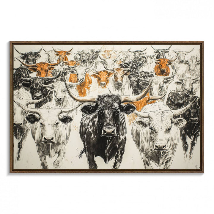 Texas Longhorn Wall Art canvas features cattle artwork with an abstract design, perfect for farmhouse decor on a porch.