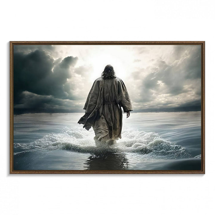 A canvas wall art depicting a figure walking on water beneath dramatic clouds, designed as inspirational religious imagery and ready to hang.