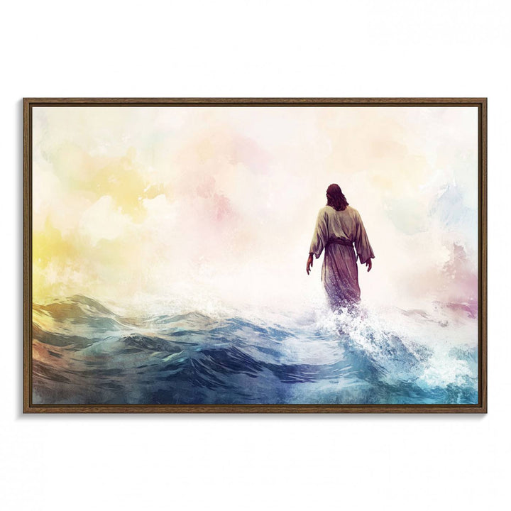 A robed figure strides on water in gentle waves, evoking the Watercolor Jesus Walking on Water canvas art.