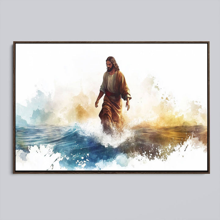 This watercolor canvas print depicts Jesus walking, characterized by abstract splashes against a serene background. It serves as a beautiful piece of Christian wall art.