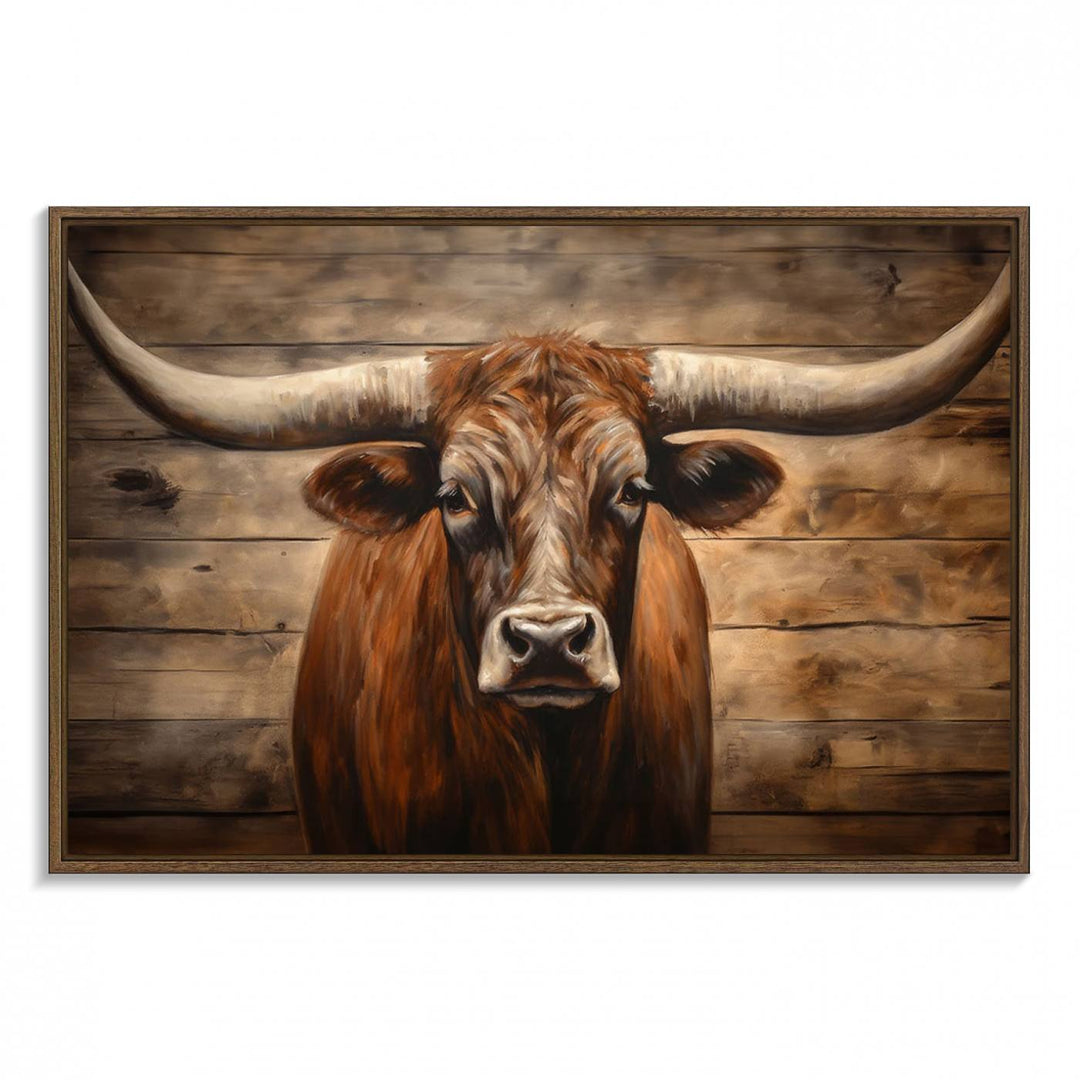 Longhorn Bull Canvas Print: Rustic Farmhouse Decor, Ready to Hang Western Barn Art.