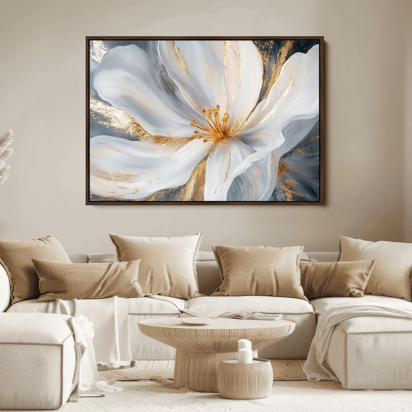 83149-MGV-FC-36X24_Walnut-White and Gold Floral Canvas Wall Art - Framed and Ready to Hang - Perfect for Modern Living Rooms