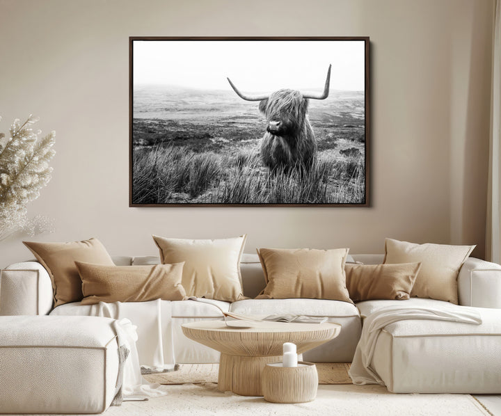 Scottish Highland Cow Wall Art | Black and White Canvas Print | Ready to Hang and Framed | Rustic Farmhouse Wall Decor for Living Room or