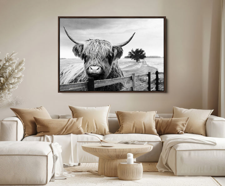 Scottish Highland Cow Wall Art | Rustic Farmhouse Décor | Black and White Ready to Hang Canvas Print
