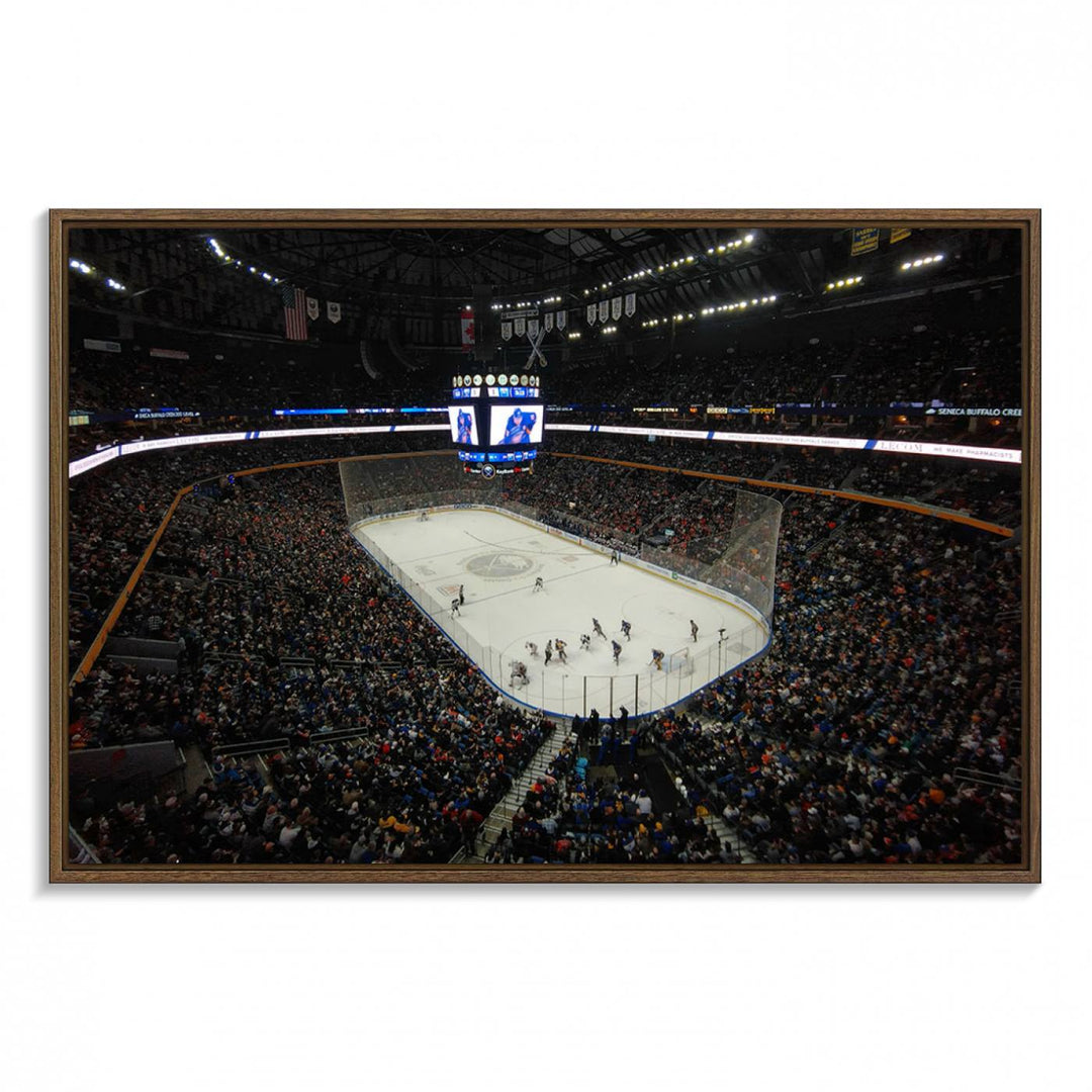 The wall art captures the essence of a Buffalo Sabres game on ice at KeyBank Center, making it deserving of a premium canvas print.