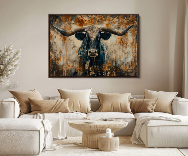 Abstract Longhorn Bull Wall Art | Rustic Western Wall Decor | Framed and Ready to Hang | Ideal for Farmhouse, Lodge, and Barn Decor