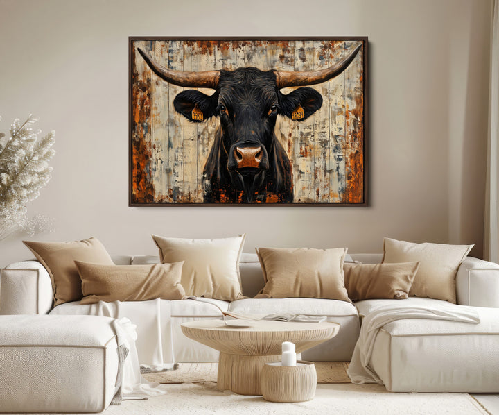 Rustic Texas Artwork Wall Art Canvas Print - Abstract Cow Longhorn Bull Wall Art Canvas Print
