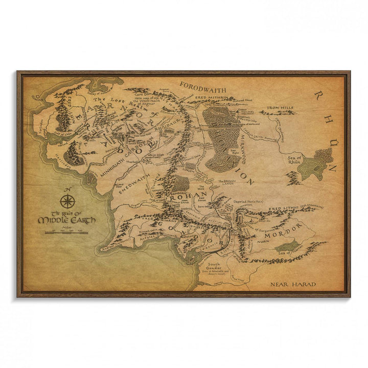 J.R.R. Tolkien's Middle-Earth World Map 3 Panel Wall Art Canvas Print | Vintage Map Wall Art for Living Room or Office | Large Framed Gallery Wrap