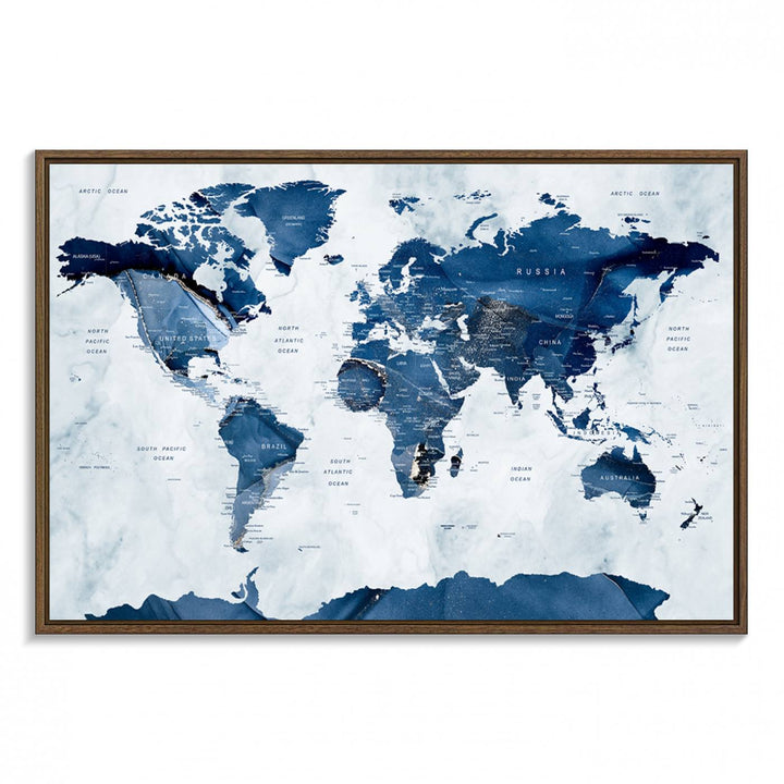 Navy Blue World Map with Antarctica Canvas: A perfect abstract home decor piece featuring a grunge-stained background.