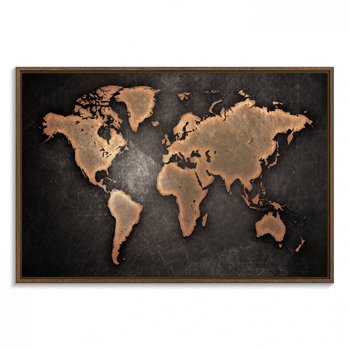 Maroon World Map Wall Art: Copper continents on a grunge-stained canvas, ideal for enhancing your decor.