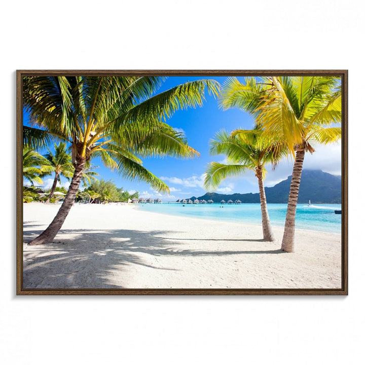 Blue Beach and Sea Wall Art Canvas Print: showcases a tropical scene with palm trees, white sand, and turquoise water.