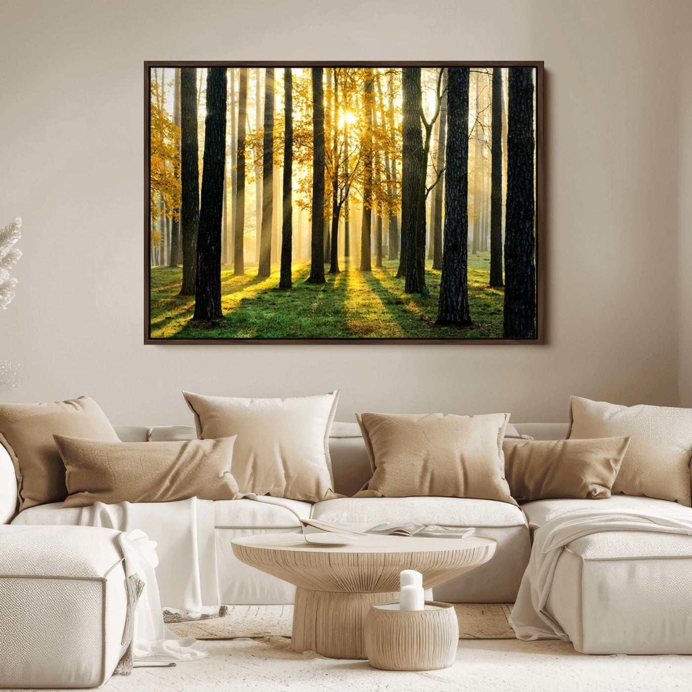 60024-MGV-FC-36X24_Walnut-Sunlit Forest Wall Art Canvas Print - Large Framed Woodland Wall Art for Home or Office Decor, Rustic Nature Scene with Golden Light