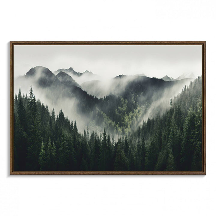 The Misty Forest Canvas Print Wall Art captures a serene misty forest scene with fog and mountains.