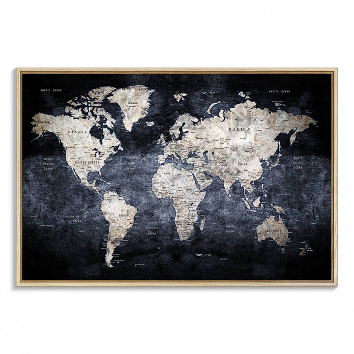 Rustic Black and Bronze World Map Canvas Triptych features white continents on a grunge-stained background.