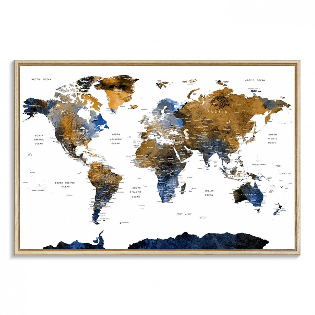 The Watercolor World Map Canvas showcases a grunge-stained background in gold, gray, and blue hues.