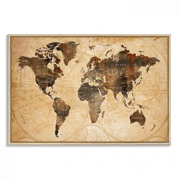 Vintage World Map Wall Art | 3 Panel Large Canvas Art | Antique World Map Canvas Print | Rustic Map Wall Art, Framed Gallery Wrapped