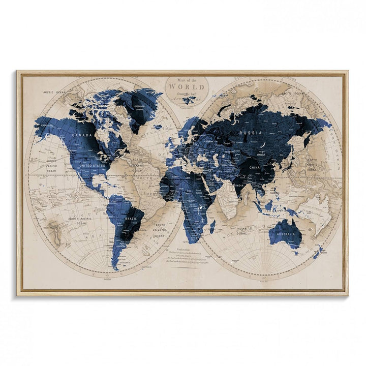 Vintage Triptych Map Print - Antique World Map Canvas Wall Art – Vintage Triptych Blue and Beige Map Print
