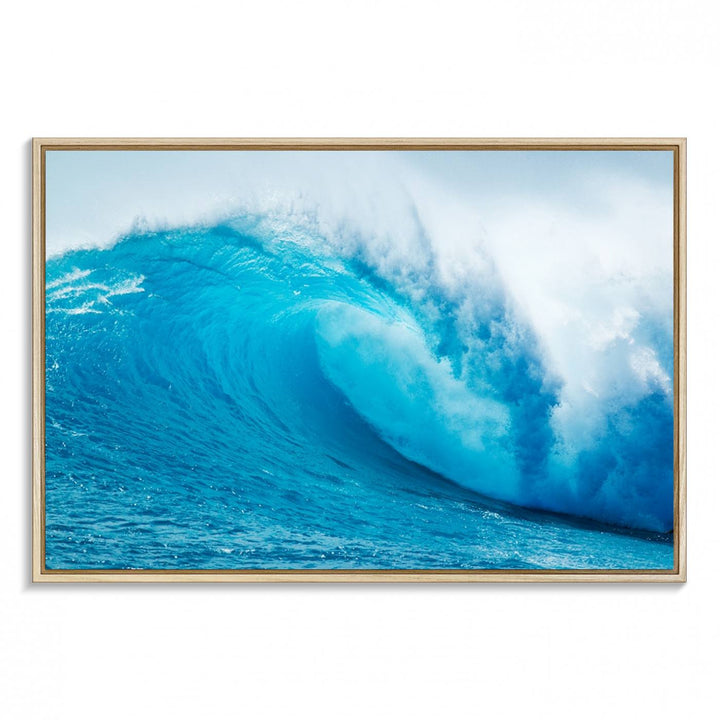 A museum-quality canvas depicting a vibrant blue ocean wave with white foam under a clear sky.