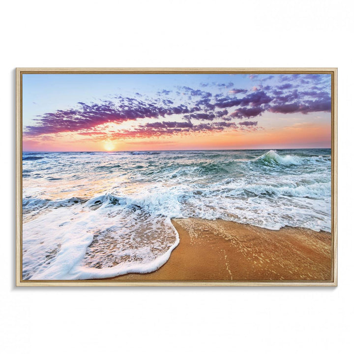 The Coastal Sunset Art Canvas Print features ocean waves beneath a vibrant sky in a stunning 3-panel seascape.