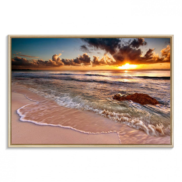 The Sunset on Ocean Wall Art Canvas Print beautifully captures a beach sunset, gentle waves, and a peaceful atmosphere.