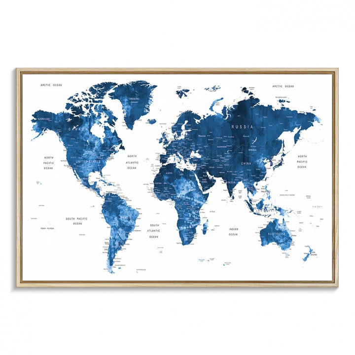 Navy Blue Wall Art World Map Canvas Print, an ideal piece for anyone seeking unique home or office decor.