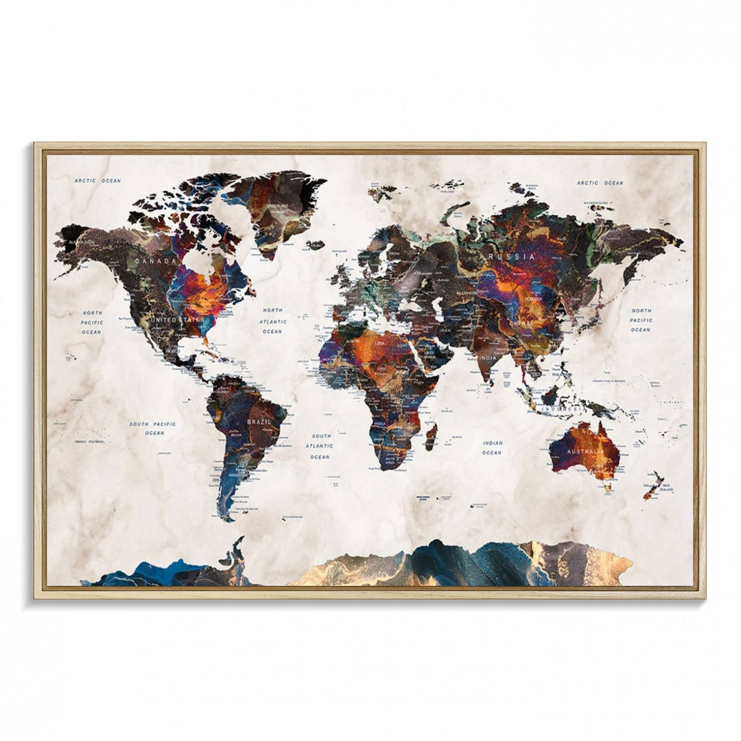 Watercolor World Map Canvas Print in earthy hues with a grunge background, ideal for wall decor.