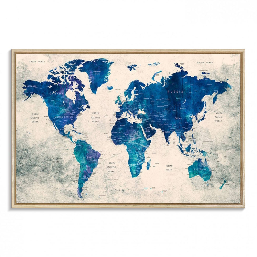 Navy Blue Push Pin World Map Canvas Print featuring a grunge-stained background, with labeled countries and oceans.