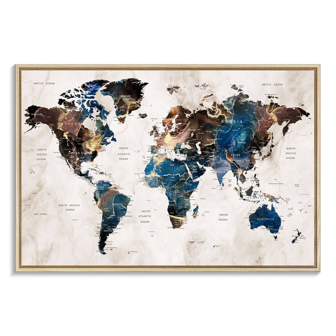 Abstract earth-toned 3-panel world map wall art featuring blues and browns, ready to hang; it showcases continents on modern canvas.