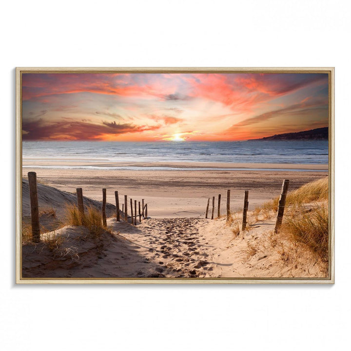 The Sunset on the Sea Wall Art Canvas Print beautifully captures a beach sunset and waves, enhanced with a UV-protective coating.