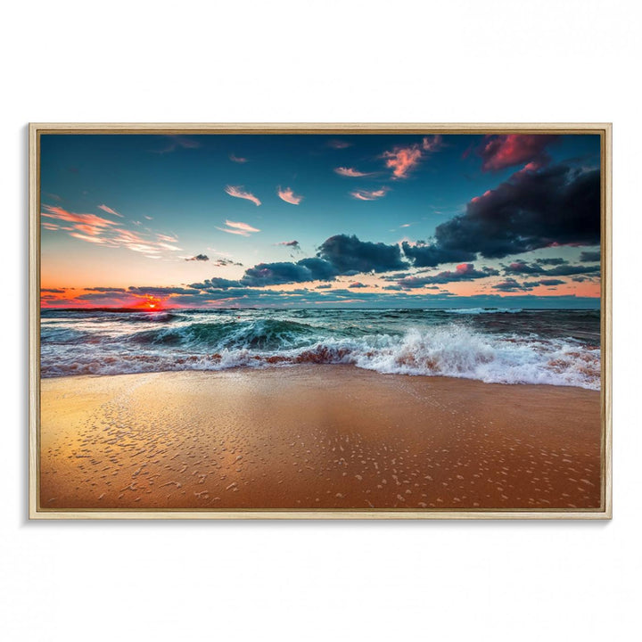 Sunset on Beach Wall Art: Waves under a vibrant sky. Crafted on museum-quality canvas, ready to hang and admire.