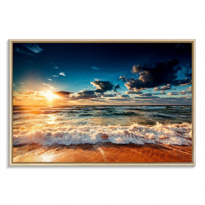 Golden Hour Sunset Over Ocean Waves Canvas: 3-Panel Coastal Landscape Art with Stunning Beach Photography Print.