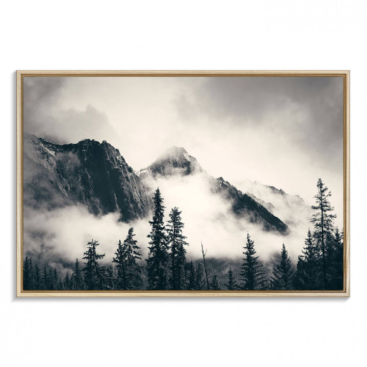 Forest Mountain Print - Black and White Canvas.