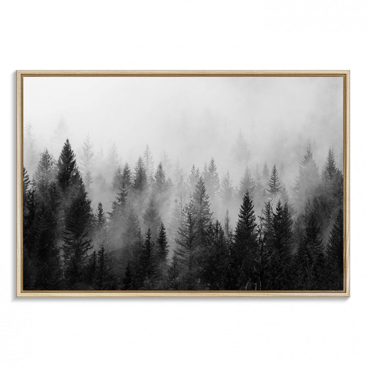 Black and white canvas art depicts a misty pine forest, offering a dense landscape that appeals to nature and woodland art lovers.