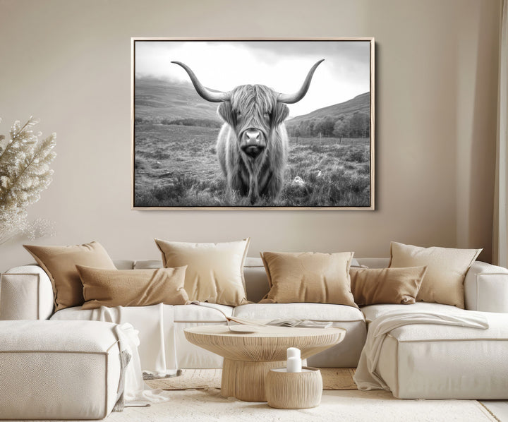 Black White Scottish Highland Cow Canvas Farm Wall Art Canvas Print