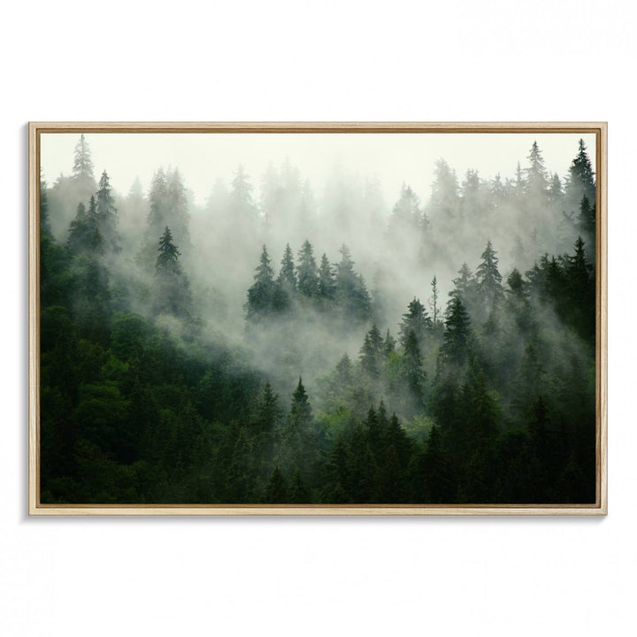 Misty Forest Mountain Wall Art: A 3-panel foggy landscape canvas print, ideal for enhancing home decor with natures beauty.