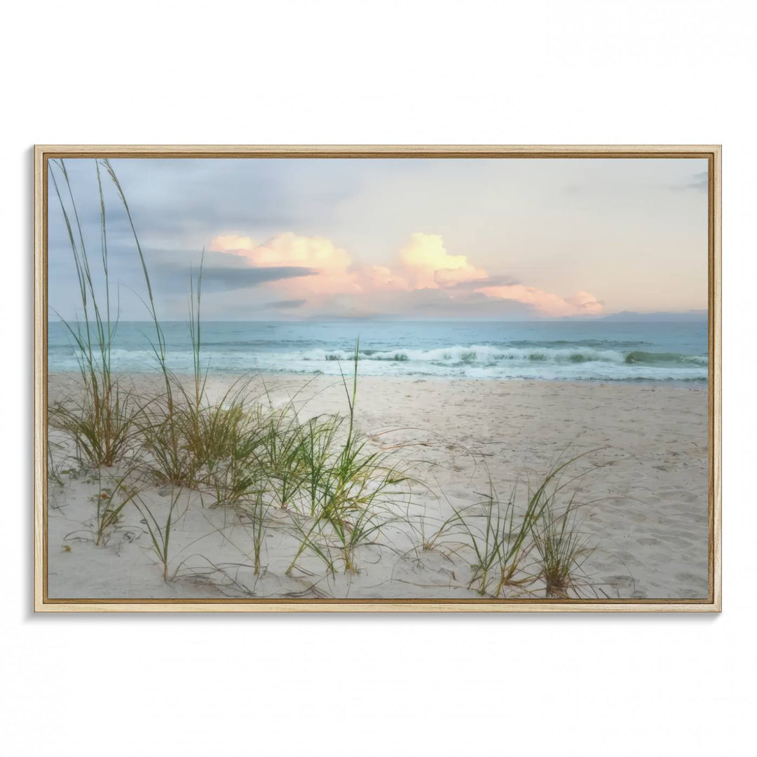 Flight Over Coastal Beach print on UV canvas displayed against white walls.