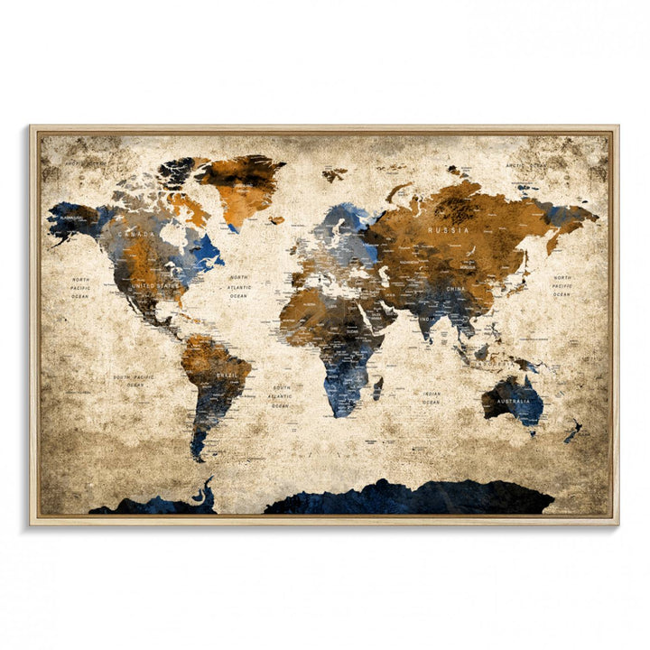 Vintage World Map Canvas Wall Art – Textured Triptych Map Print – Global Decor for Living Room or Office – Ready to Hang